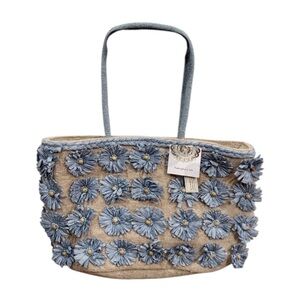 Made in India Tote Bag Raffia Flower Embellishments Beaded Handles Tan & Blue